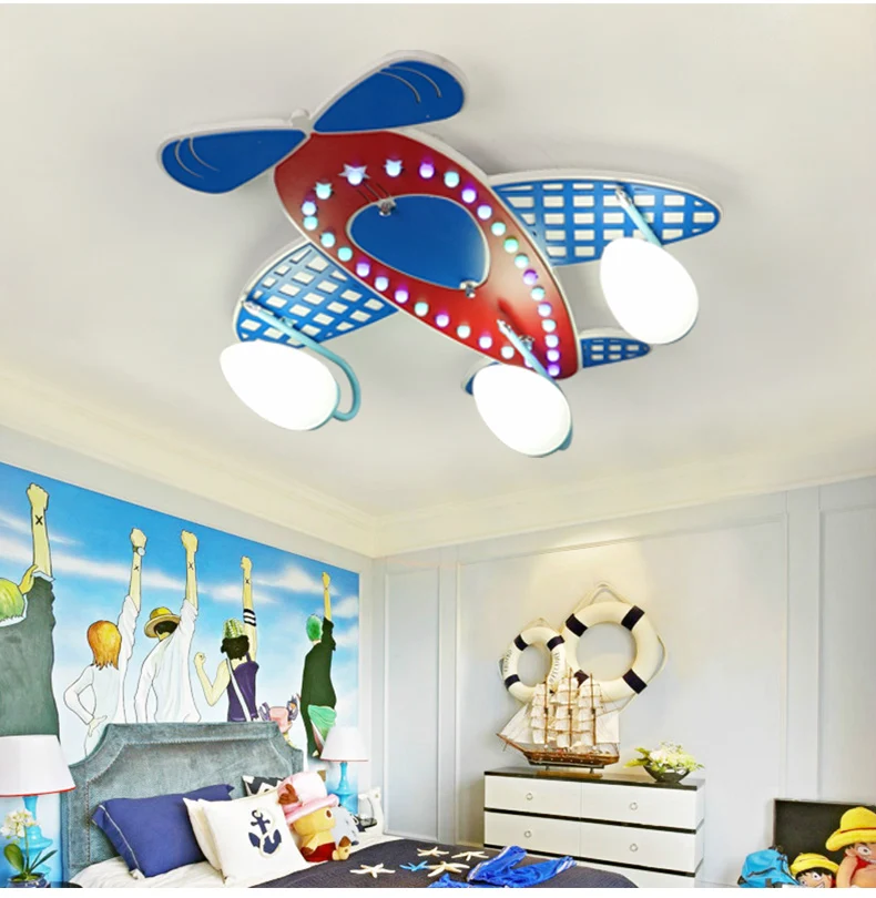 Мультфильм Креативный синий самолет потолочный светильник Boys'Bedroom детская комната лампа Американский светодиодный цветной истребитель