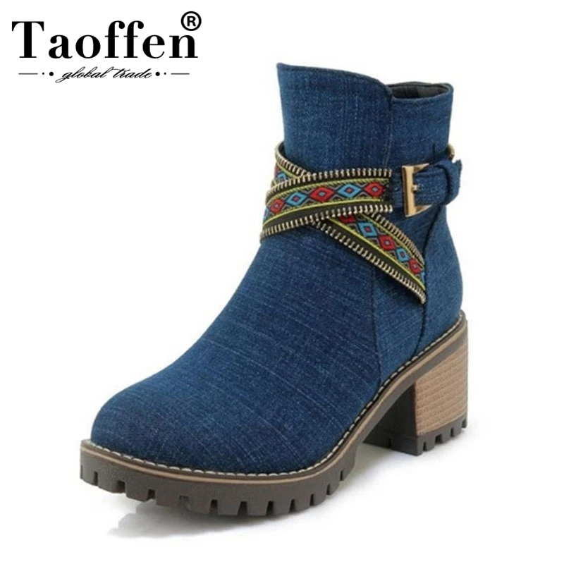 

TAOFFEN Women Ankle Boots Winter Fur Shoes Denim Buckle Platform Shoes Woman Print National Style High Heels Boots Size 34-43