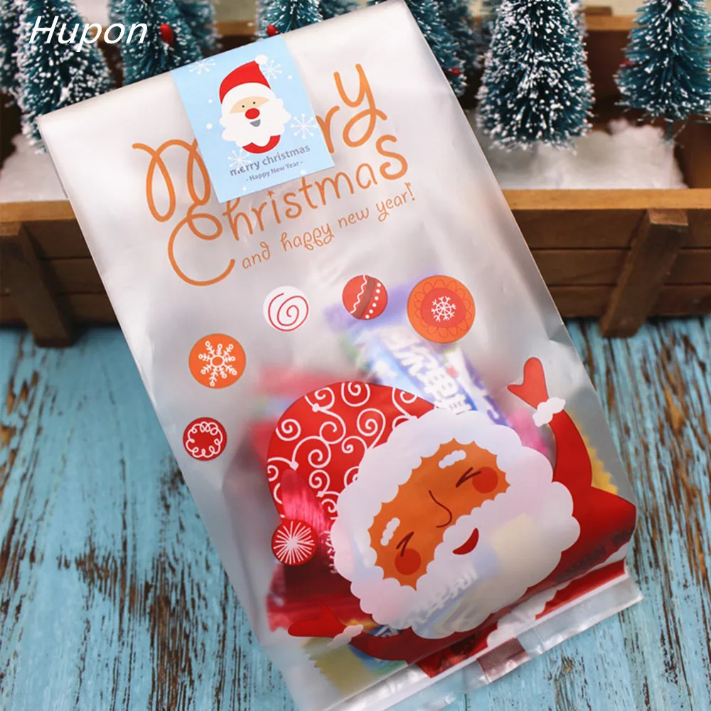 

50pcs Santa Merry Christmas Gift Bags Plastic Packing Bag Presents for Christmas Party Decoration bolsas regalo navidad 2019