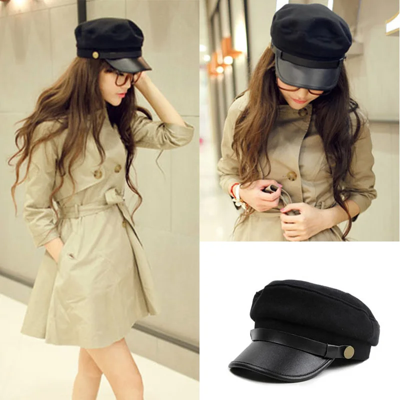 

Fashion British Style Women Military Hat Black Cotton Flat Top Caps For Men Unisex PU Leather Vintage Streetwear Beret Hat