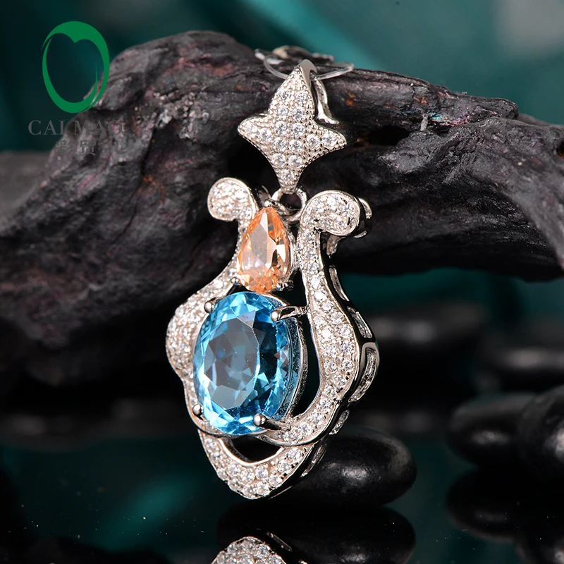 Caimao Jewelry Natural Blue Topaz 925 Sterling Silver Anniversary Pendant
