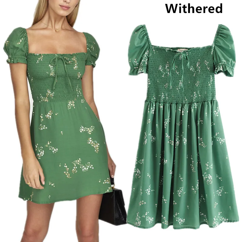 

Withered 2019 summer dress women vestidos elastic square collet mini print vestidos de fiesta party dress 2 pieces set 0603
