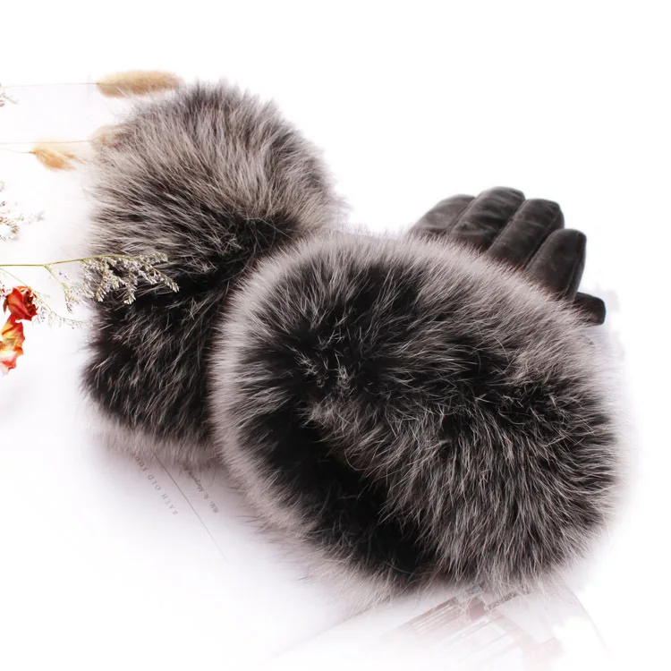 A98 новые модные перчатки из натуральной кожи, зимние теплые перчатки из лисьего меха и овечьей кожи, Женские варежки