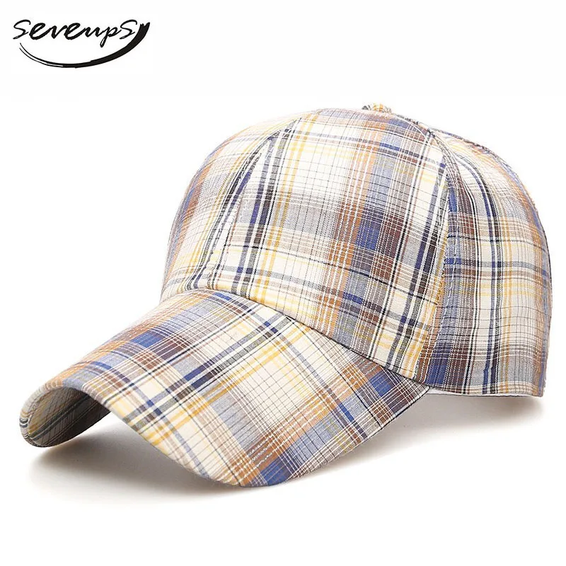 checkered baseball cap