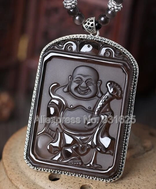

925 Sterling Silver Natural Ice Obsidian Carved Chinese Amulet RuYi Buddha Lucky Pendant + Beads Necklace Fashion Charm Jewelry