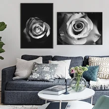 

Minimalist Black and White Wall Decor Noble Floral Canvas Art Rose Painting Dew Rose Art Poster Pictures for Living Room Decor