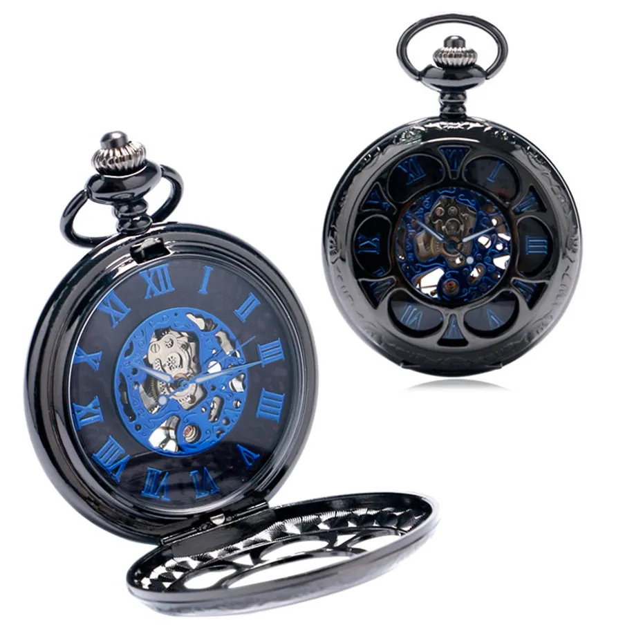 YISUYA Luxury Steampunk Hollow Skeleton Mechanical Pocket Watch Roman Numerals Dial Vintage Fob Chain Pendant Clock Men Women Gifts (4)