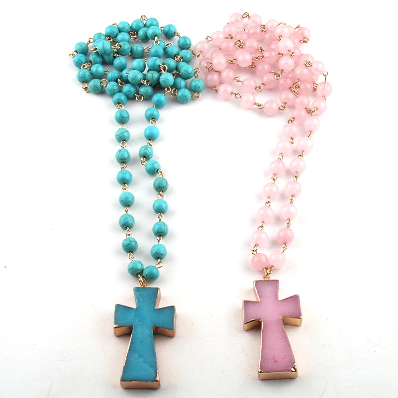 

Free Shipping Fashion Bohemian Tribal Jewelry Semi Precious Stones Rosary Chain With Natural Cross Pendant Necklace