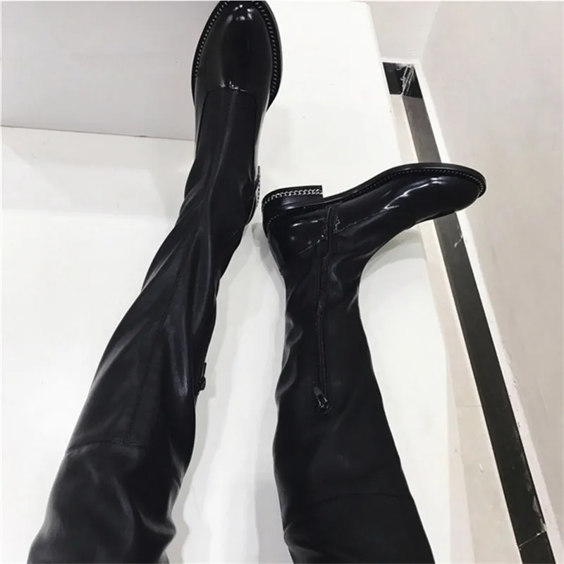 Fornihapfirafs/Новые пикантные женские эластичные высокие сапоги с цепочкой, на молнии сбоку, на каблуке, высокие сапоги до бедра черные сапоги выше колена