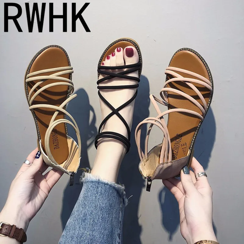 

RWHK 2019 summer new foreign trade cross-border Roman wind thin band cross flat bottom high sandals women's shoes B203