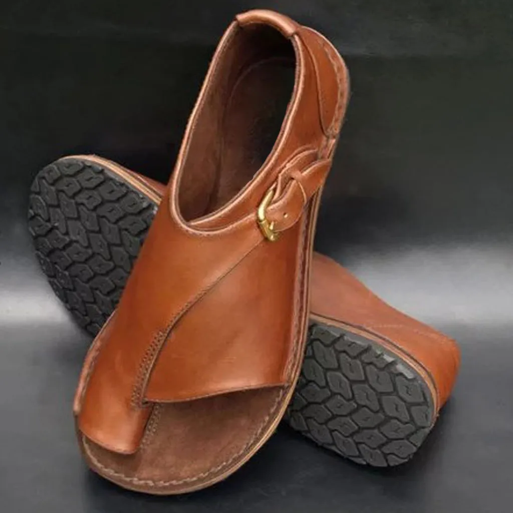 

Summer Women's Sandals Retro Buckle-Strap Sandals Netrual Comfy Bottom Shoes Flat Bottom Roman Ladies Shoes clip toe plus size
