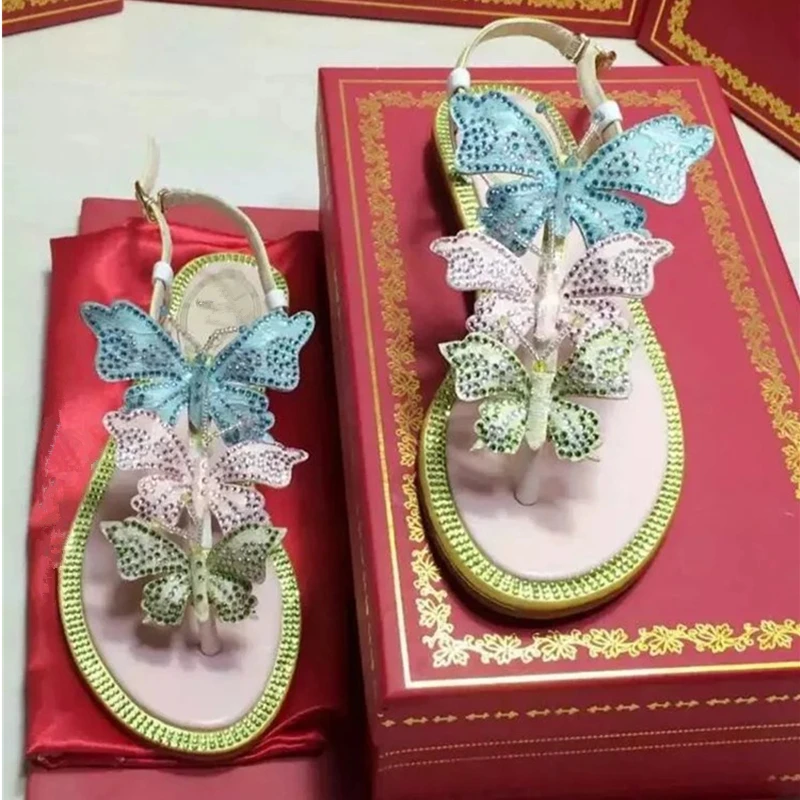 

Fashion Stain Mixed Color Butterfly Women Sandals Luxury Crystal Peep Toe Buckle Strap Gladiator Flats Casual Shoes Beach Mules