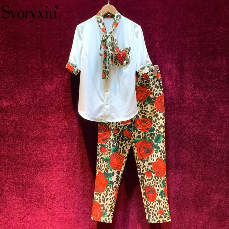 Женский элегантный брючный костюм Svoryxiu, разноцветный костюм из двух предметов с брюками с принтом леопардовой расцветки с розами на лето и осень