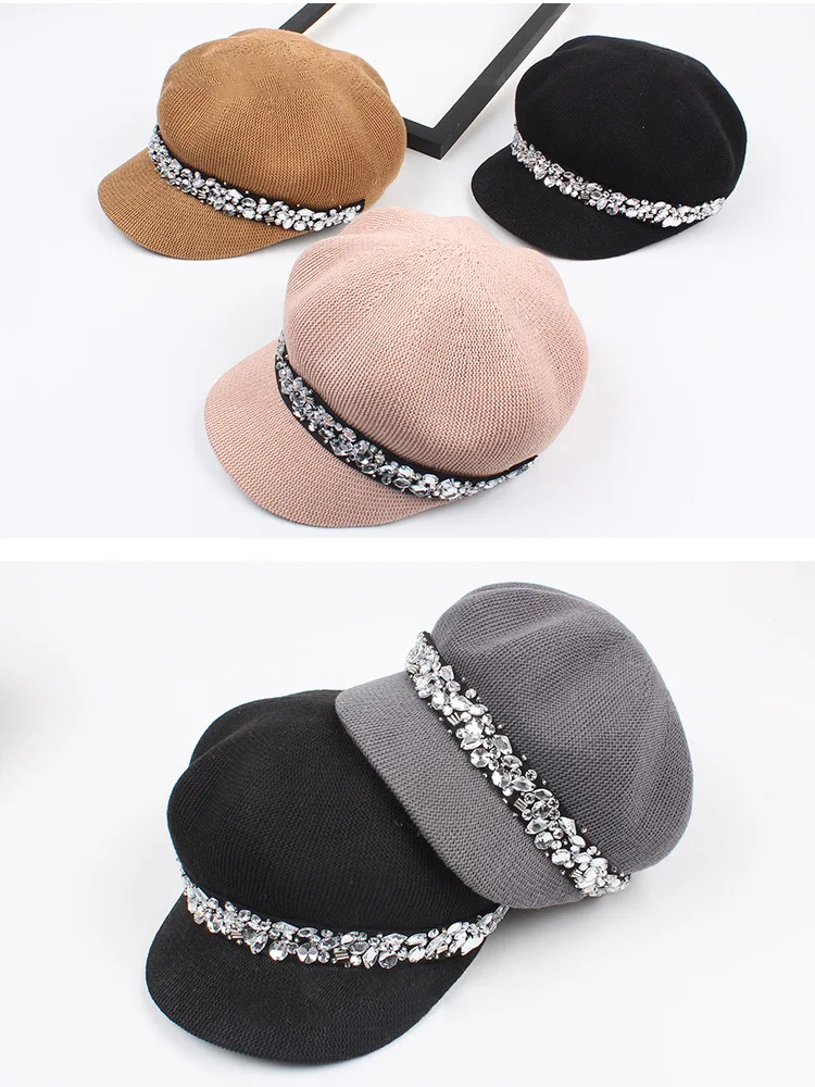 Hot Sale 2018 South Korea Style Hat Cotton Yarn Rhinestone Beret Fashion Lady Outdoor Leisure Hat  ACD04 (11)