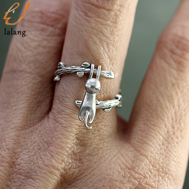 

Creative Kitten Climbing Tree Branch Ring For Women Cute Cat Opening Finger Rings Silver Color Adjustable Jewelry