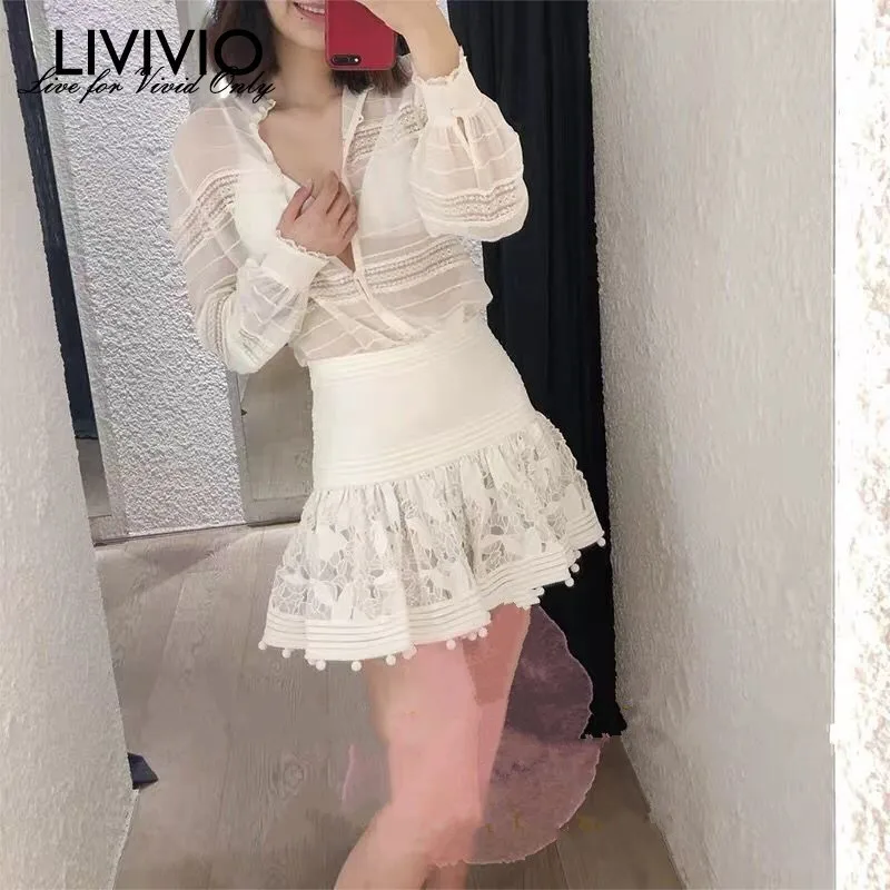 

[LIVIVIO] White Lace Long Sleeve Shirt Women Blouse Hollow Out Floral Embroidery High Waist Mini Skirt 2019 Summer Autumn New