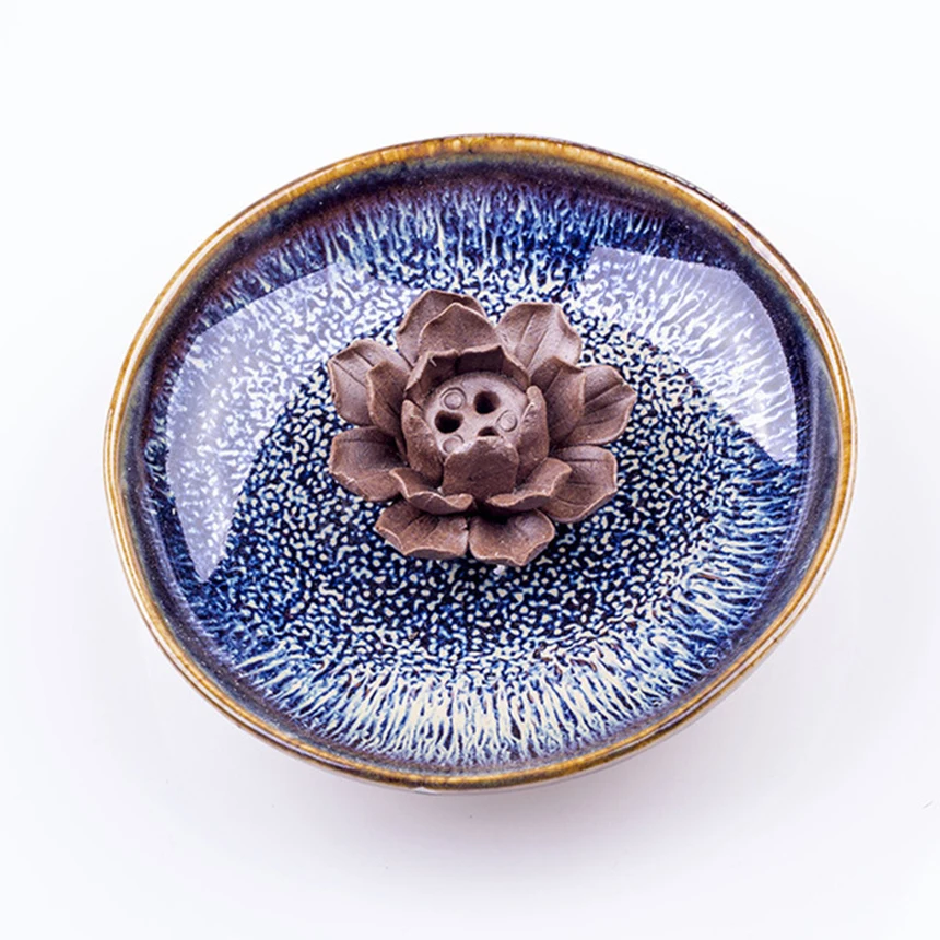 

Ceramic Handmade Artistic Incense Holder Burner Stick Coil Lotus Ash Catcher Buddhist Water Lily Plate - One Hole Blue