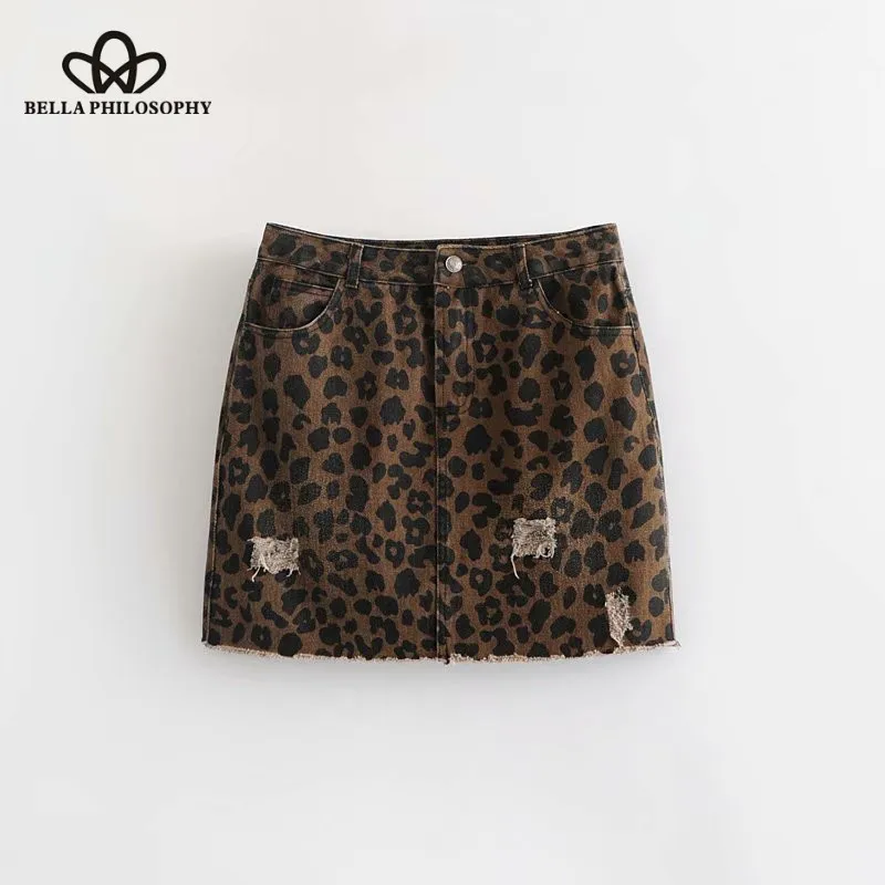 Wonder 2018 autumn vintage leopard print hole jean pencil skirt faldas mujer ladies high street cowboy broken style denim skirts