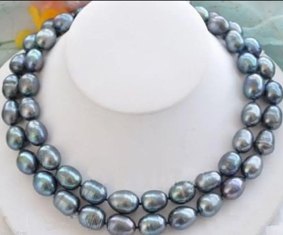 

2 rows 11-12mm tahitian baroque black green pearl necklace18"19
