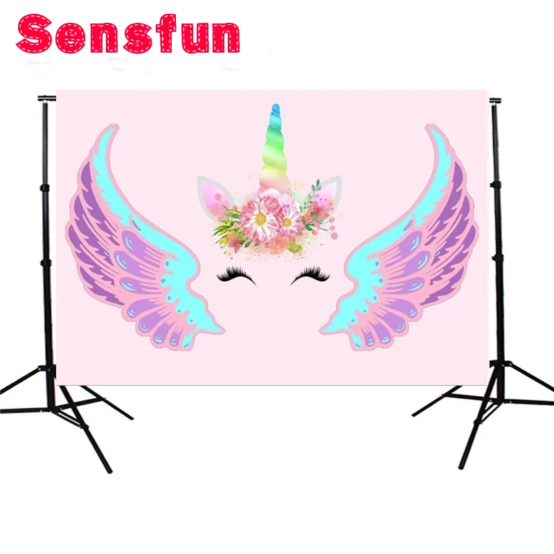 

Polyester Pink Wall Unicorn Wings Mask Head Custom Photo Backdrop Photography Background Studio Photo Props 7x5ft