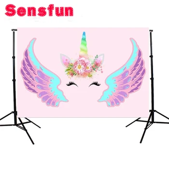 

Polyester Pink Wall Unicorn Wings Mask Head Custom Photo Backdrop Photography Background Studio Photo Props 7x5ft