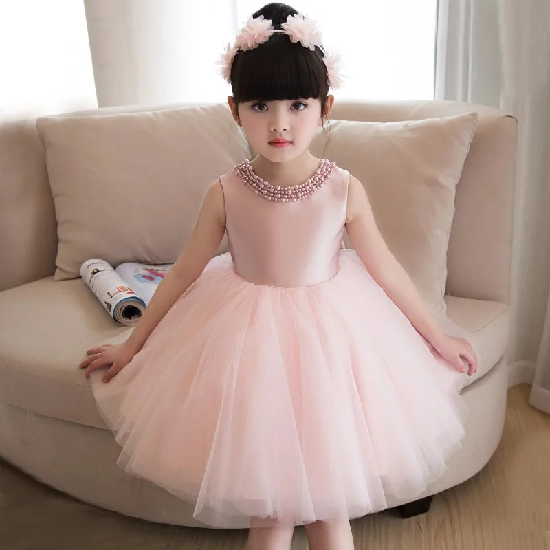 

Pink Bow Flower Girl Dresses Wedding Beading Ball Gown Holy Communion Dress Mesh Princess Dress Birthday Party Kids Dress AA65
