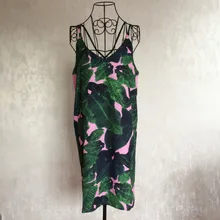 European Station Summer New Tropical Style Palm Leaf Print Beach Casual Dress Sleeveless Spaghetti Strap V-neck Vestido Curto