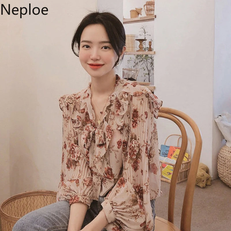 

Woherb Korean Vintage Tops and Blouses Women Long Lantern Sleeve Floral Shirts Loose Lace Up Ruffle Blusas Femininas Elegante