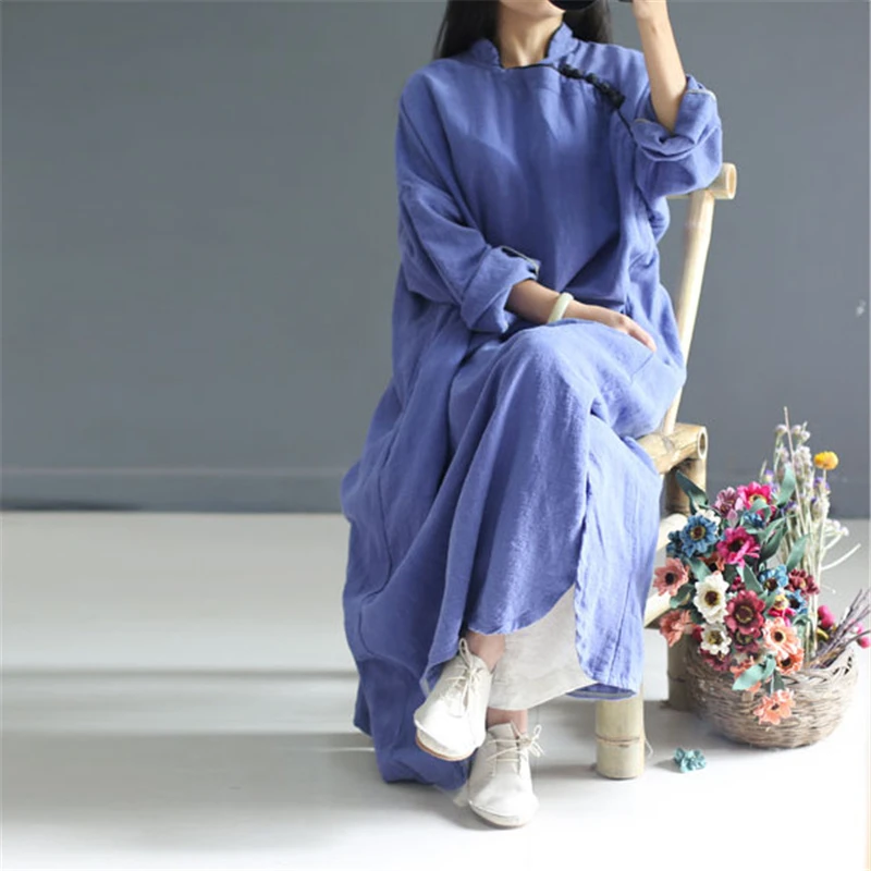 

Johnature Women Maxi Dress Vintage Robes 2019 Autumn New Loose Cotton Linen Stand Button 2 Colour Chinese Style Dress Robes