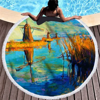 

oil paint style Beach towel swimming Bath Towel circle Blanket Tapestry Mat Blanket Decor towels forest towel drop shipping