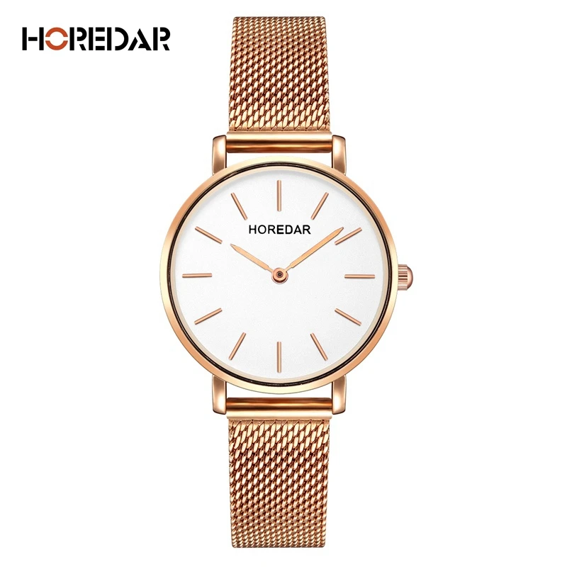HOREDAR Luxury Steel Mesh Women Watch Ladies Ultra Thin Stainless Steel Band Quartz Wristwatch Fashion Female Clock Hot Relogio-