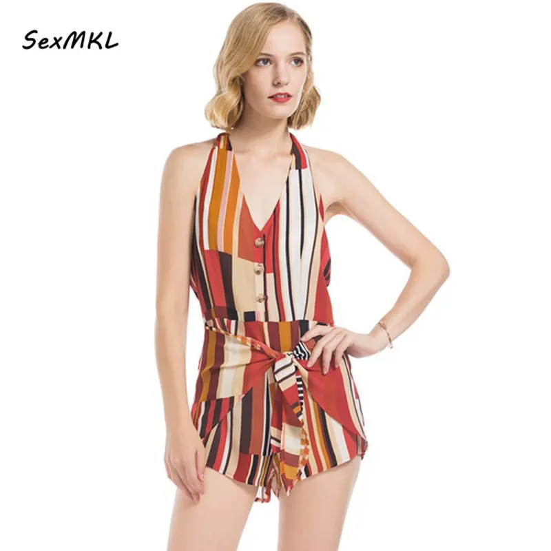 SexMKL Sexy Bodysuit Women 2018 Summer Casual Strapless Bohemian Playsuit Stiped Jumpsuit Romper Ladies Backlsss Beach Bodysuit Jumpsuits and Playsuits