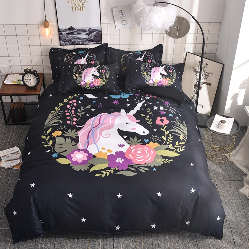 Unicorn Cartoon 3d Bedding Set Duvet Cover Pillowcase Size Single
