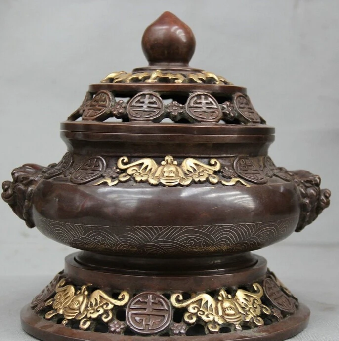 

JP S62 10 Chinese Purple Bronze Gild Round Dog Lion Head Fu Bat Incense Burner Censer
