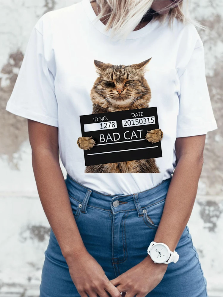 TEEHEART 2017 Summer Bad Cat 3D Lovely T Shirt Women Printing Originality O Neck Short Sleeve shirt Tops Tee|top tees|love t shirtcat 3d |