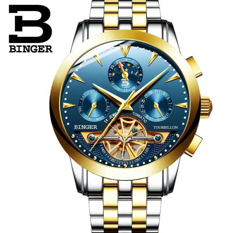 Tourbillon Men Top Luxury Brand Watches Automatic Mechanical Watch Stainless Steel Waterproof BINGER relogio masculino B-1188G - Цвет: 04