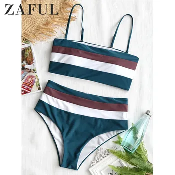 

ZAFUL Women Bikini Cami Striped High Waisted Bikini Set Padded Spaghetti Straps Wire Free Swimsuit Sexy Square Collar Swimwear