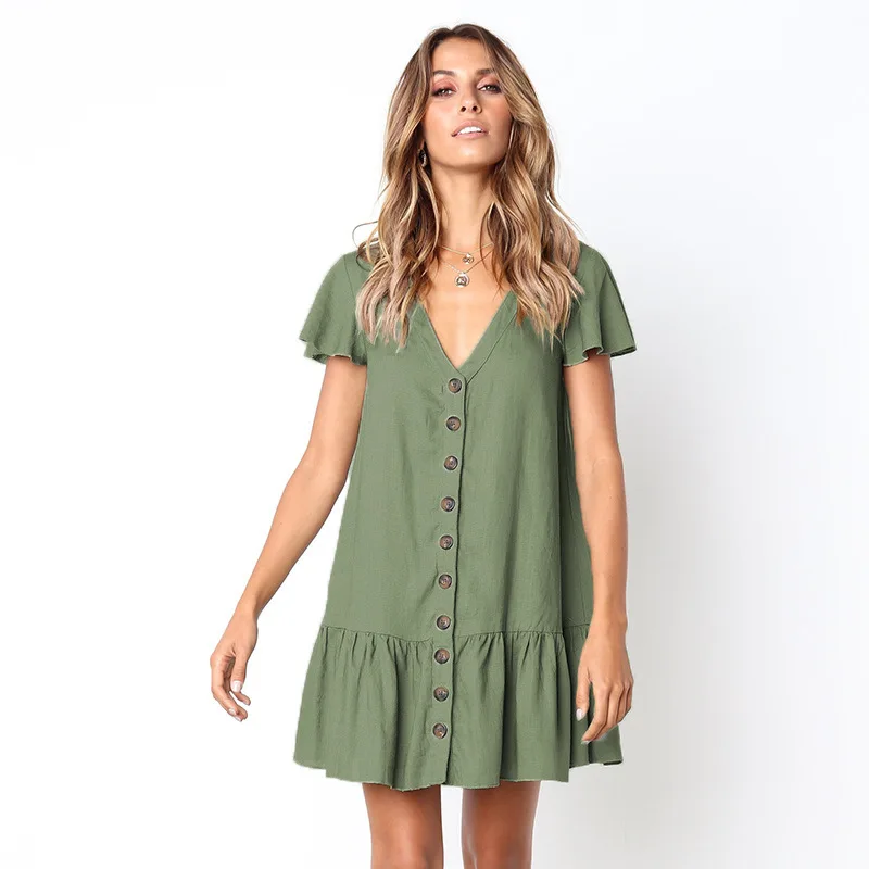 

Summer Female Fashion Casual V-neck Dress Women Short Sleeve Button decorated One-piece Dresses 4 Colors