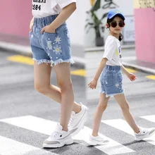 Детские джинсовые шорты для девочек, юбка, лето года, новые джинсовые шорты для девочек, корейские Детские потертые рваные шорты со вспышкой