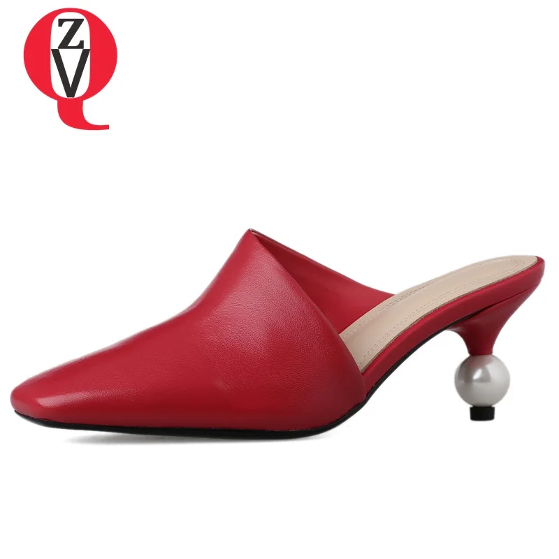 

ZVQ woman slippers fashion genuine leather outside shoes pointed toe women Solid yellow red black white high heels mules shoes