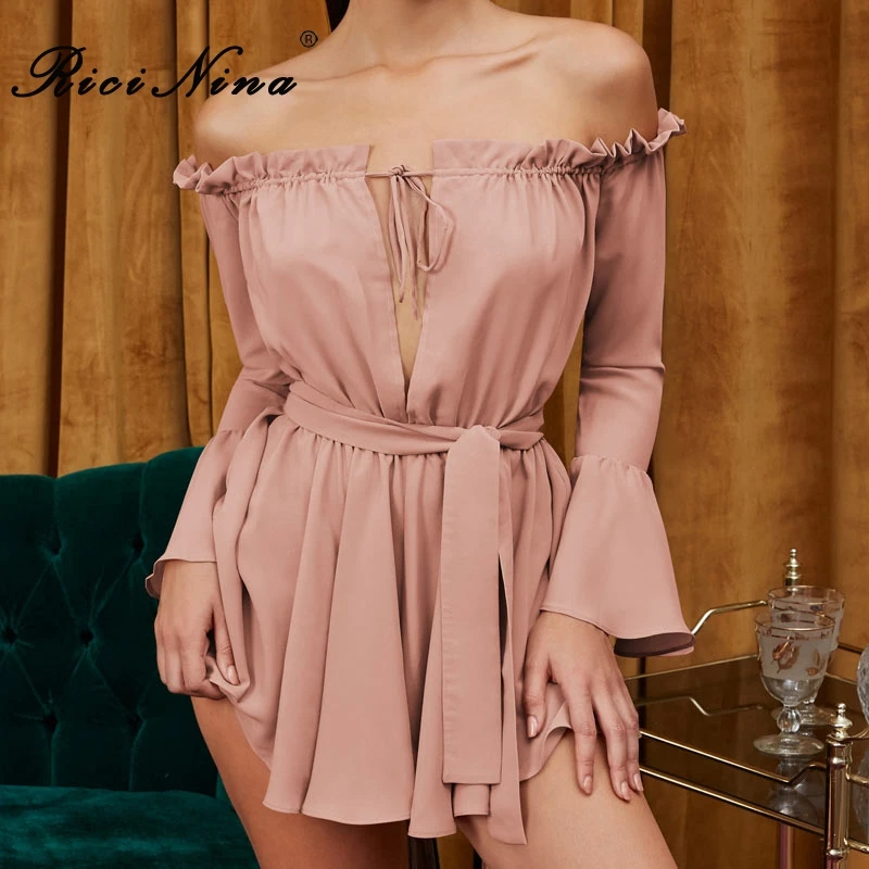 RICININA 2019 Women Dress Woman Slash Neck Long Flare Sleeve Mini Dress Woman Summer Loose Bandage Sexy Party Dress Vestidos