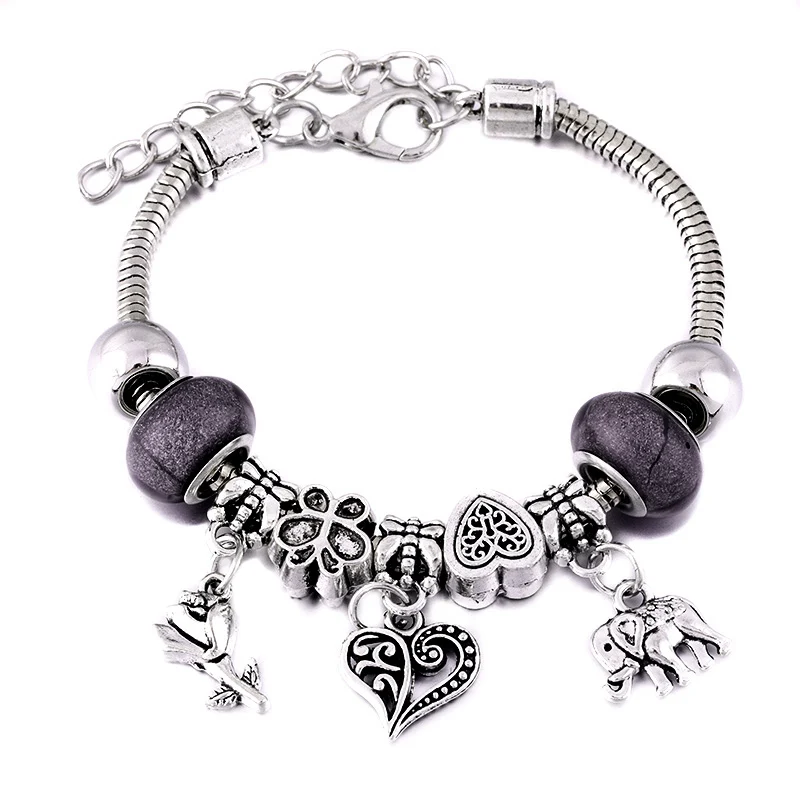 Charm Bangle Lobster Buckle Snake Chain Jewelry Elephant Flower Beaded Bangles For Women Summer Bracelet LOVE Romantic Gift