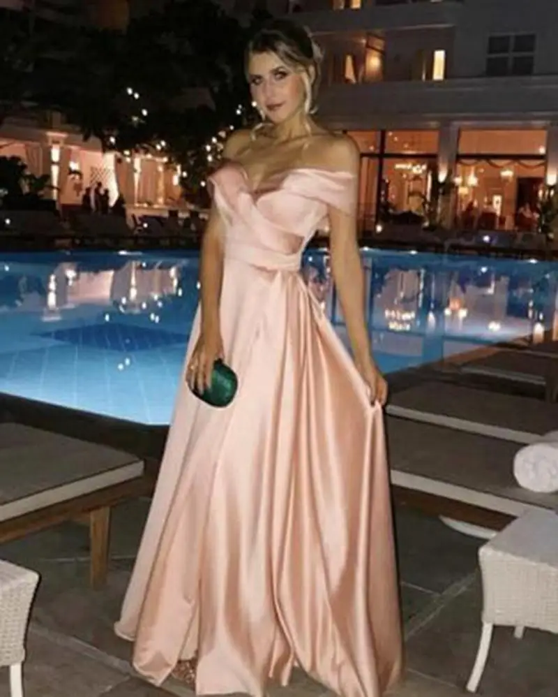 

Top Quality A Line Off The Shoulder Celebrity Dresses Sweep Train Champagne Satin Pleated Women Evening Dresses