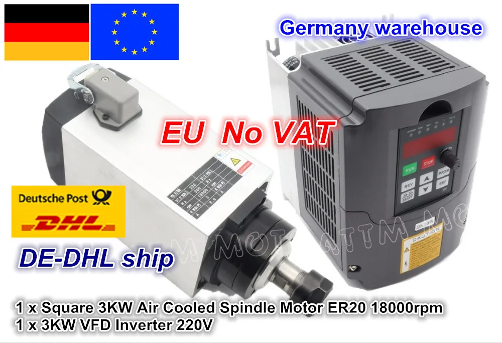 EU ship Square 3KW Air Cooled Spindle motor 18000rpm 300Hz 4 Bearings & 3kw VFD 220V Inverter for CNC Router Engraving Milling EU ship Square 3KW Air Cooled Spindle motor 18000rpm 300Hz 4 Bearings & 3kw VFD 220V Inverter for CNC Router Engraving Milling