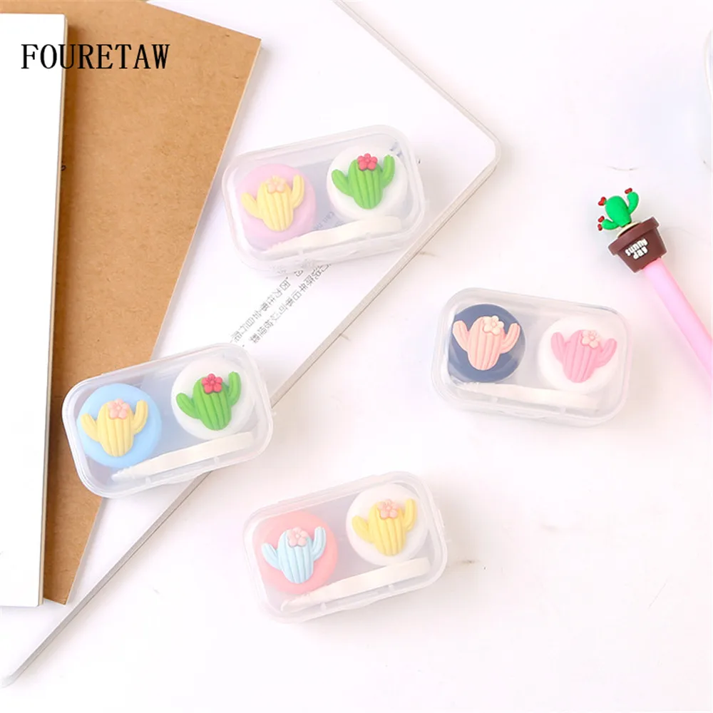 

FOURETAW 1 Set Cute Style Cactus Pattern Pocket Mini Contact Lens Case Travel Kit Easy Carry Mirror Mirror Container