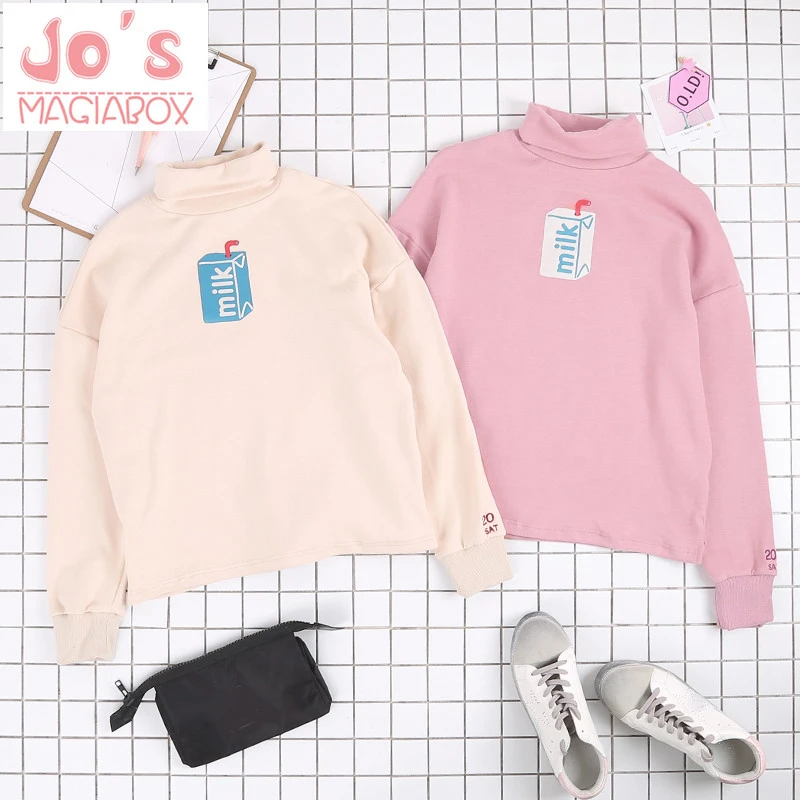 

Kawaii Candy Color Uzlang Turtle Neck Milk Sweatshirt Harajuku Embroidery Ladies Hoodie Japan Style Pink Pure Color