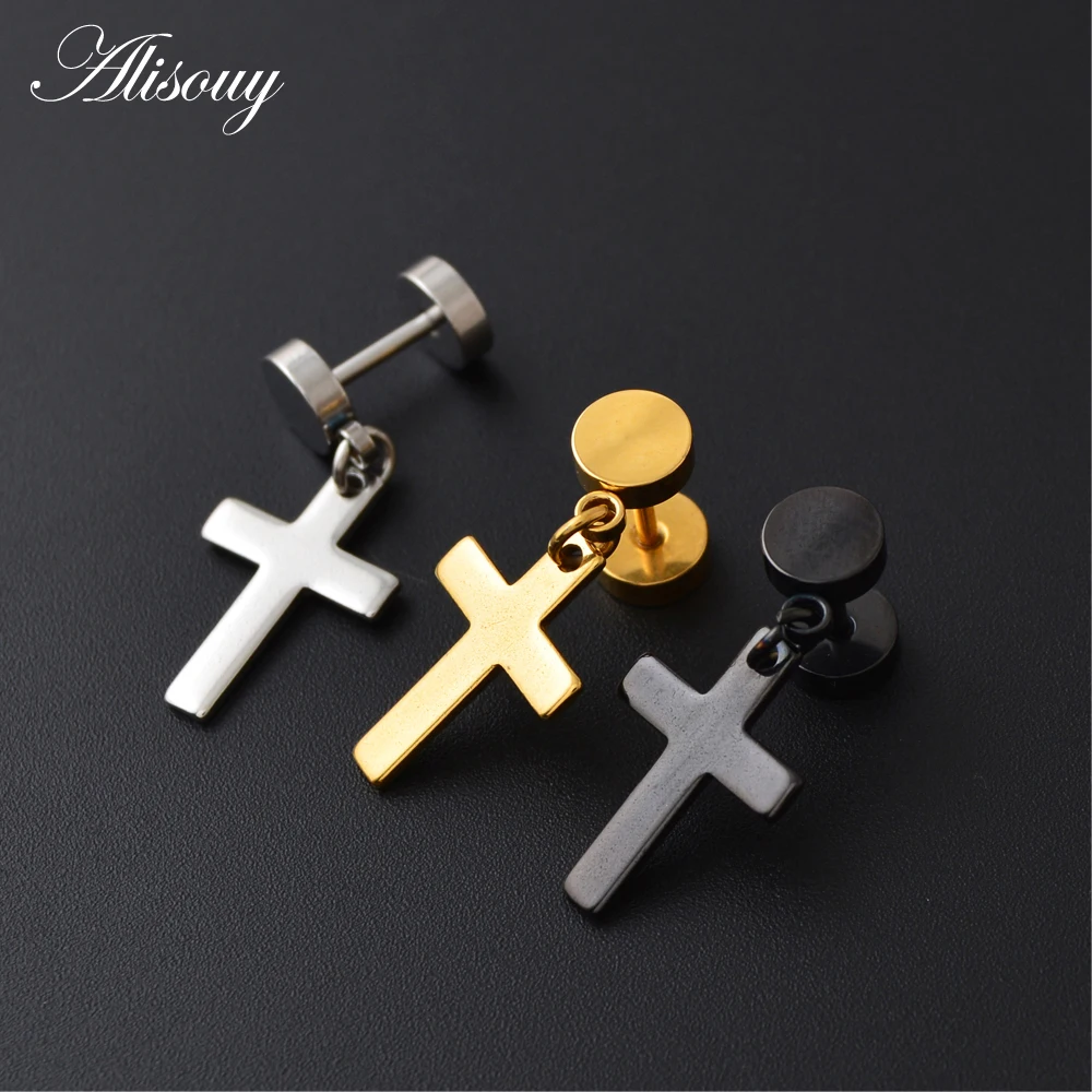 Alisouy Barbell Style Cross Hanging White Black Gold Color Stainless Steel Female Male Stud Earrings Women Men Studs Earring - Image 4