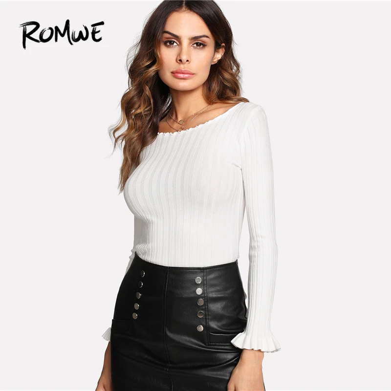 ROMWE White Lettuce Trim Fluted Sleeve Ribbed Sweater