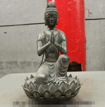 

S0444 16" Folk Chinese Pure Bronze Amitabha Buddha Pray Bless Kwan-Yin Statue On Lotus