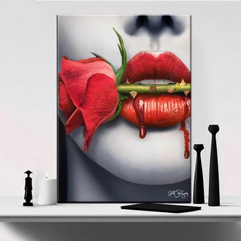 

Wall Art Sexy Red Lips With Roses Canvas Prints Paintings Modern Decorative Pictures For Living Room,Girl's Room Decor Pictures